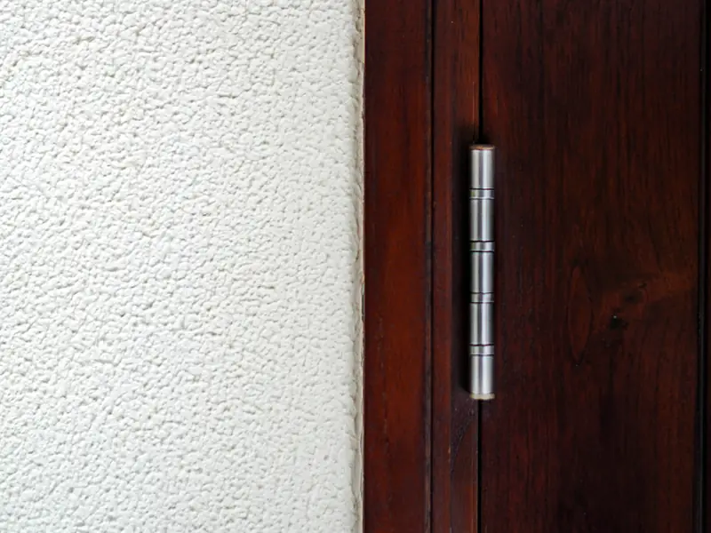 Stainless steel butt hinge on a dark wood door frame beside a textured white wall