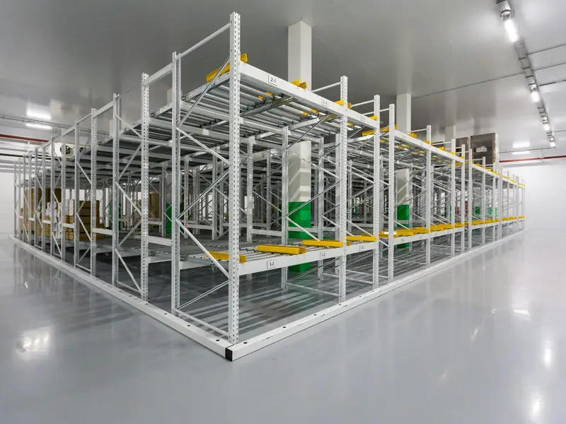Newly assembled white steel shelving and flow-rack units in a clean, empty stockroom