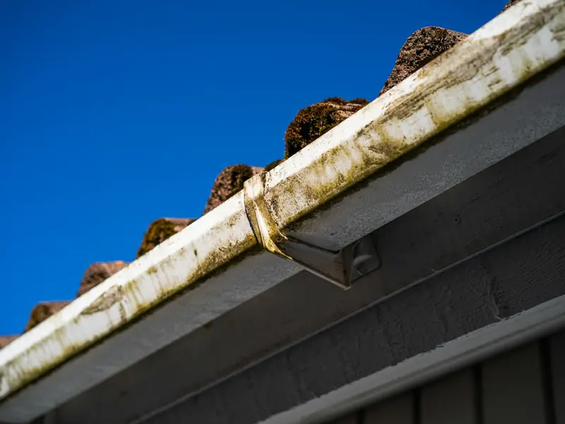 Roof gutter with moss and debris along the edge of a tiled roof, ready for clearing